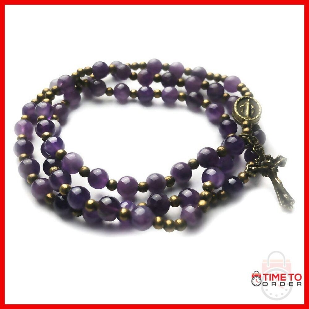 Genuine Amethyst Stone Rosary Bracelet with Miraculous Medal Charm